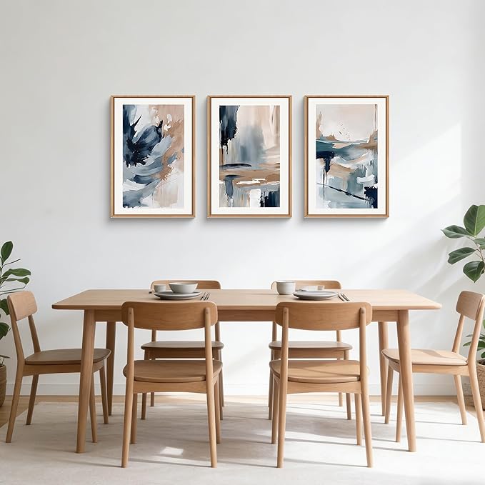 Abstract Navy Blue Framed Canvas Wall Art Set,Neutral Brush Stroke Wall Decor,Watercolor Pastel Brown Artwork,Modern Minimalist Color Block Art Print for Living Room,Bedroom,Office-16 x24 x3