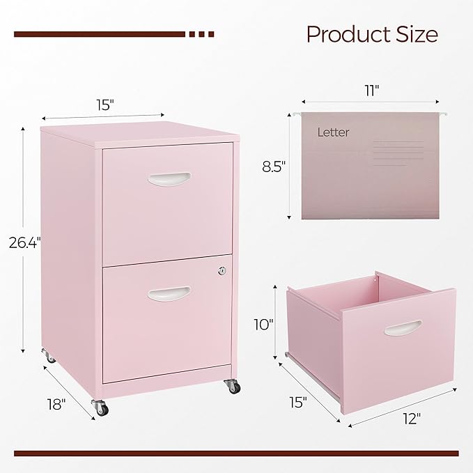 2 Drawer Mobile File Cabinet with Lock, Pink Metal Filing Cabinets with Wheels, Vertical Rolling File Cabinet Fit Hanging Files, Letter and A4 Documents