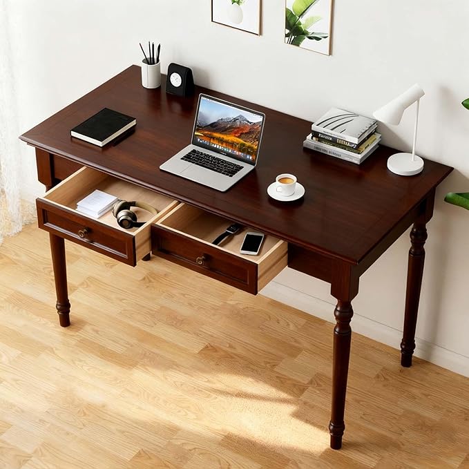Walnut Writing Desks with Drawers, 47" Solid Wood French Country Style Computer Desk for Home Office, Living Room Study or Workspace