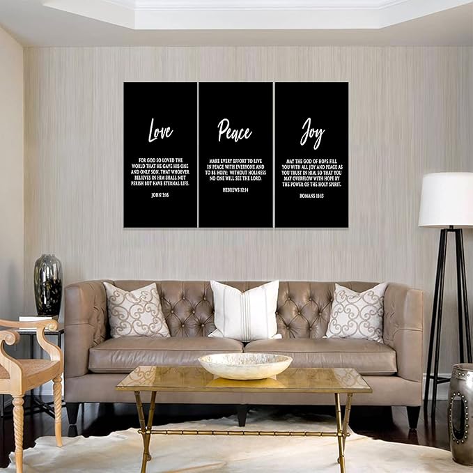 3 Piece Inspirational Wall Art, Black Sayings Prints Picture, Quotes "Love Peace Joy" Motivational Canvas Art for Religious Decor Gifts, Stretched And Framed Artwork for Home Wall Decor (72"Wx36" H)
