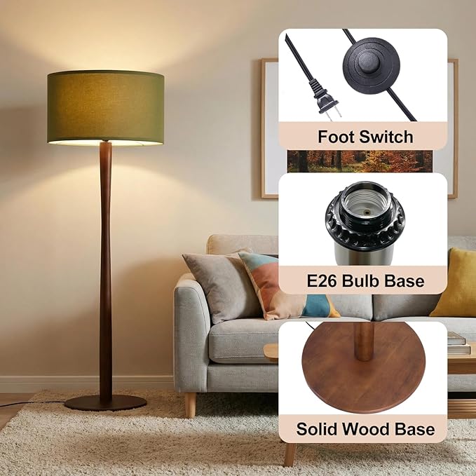 62" Tall Rustic Wood Floor Lamp for Living Room, Farmhouse Walnut Wood Floor Lamps with Linen Shade, UL Listed Standing Lamps with Wooden Base for Bedroom, Corner, Dining Room,Office, Green Shade