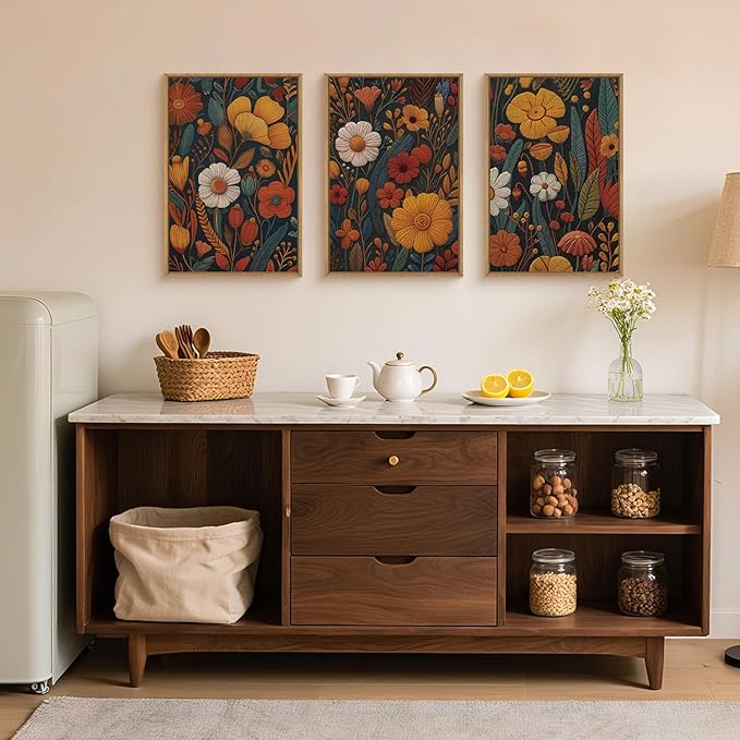 Boho Floral Framed Canvas Wall Art,Vintage Orange Flowers Wall Decor,Abstract Botanical Art Painting,Rustic Neutral Wildflower Artwork for Bedroom Living Room Office 16"x24"x3