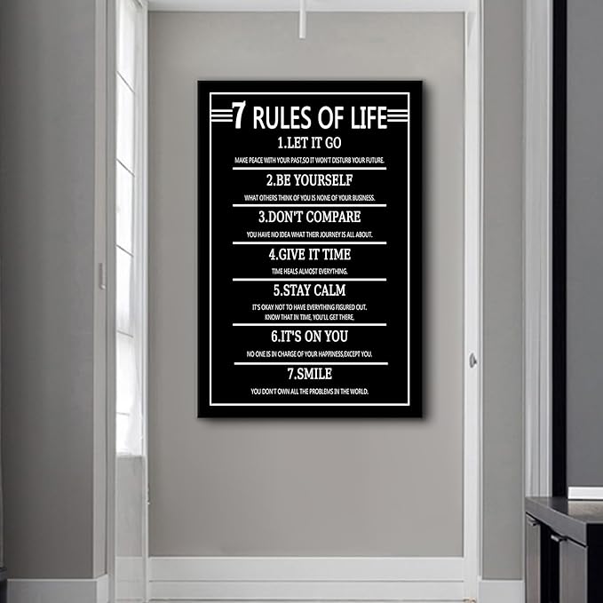 7 Rules Of Life Black Motivational Poster Wall Art Inspirational Entrepreneur Quotes Printed on Canvas Picture Painting Wall Decor for Modern Home Classroom Hallway Ready to Hang [24''Wx36''H]