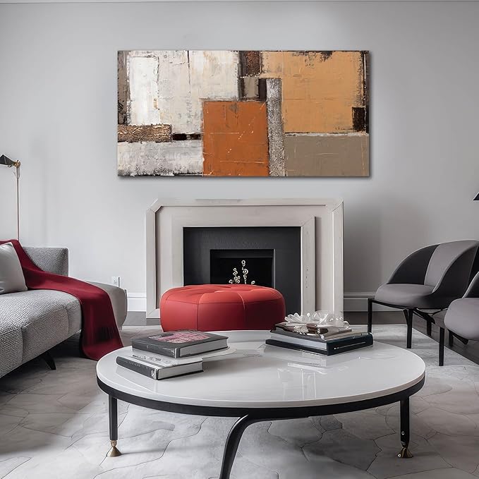 Artexist Orange Abstract Canvas Photo Prints Living Room White Artwork Brown Block Painting for Room 29"x 58" Office Wall Art Bedroom Hallway Decor