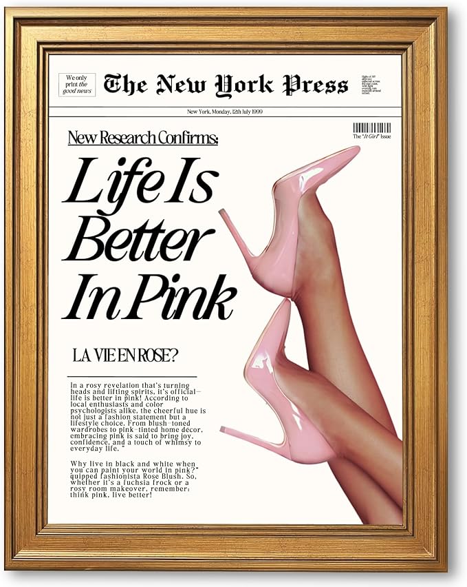 Trendy Baby Pink Hot Girl Poster Life Is Better In Pink Newspaper Wall Art Retro High Heel Picture 70s News Headline Canvas Prints Aesthetic Decor for Girly Bedroom Dorm 12x16inch Vintage Framed