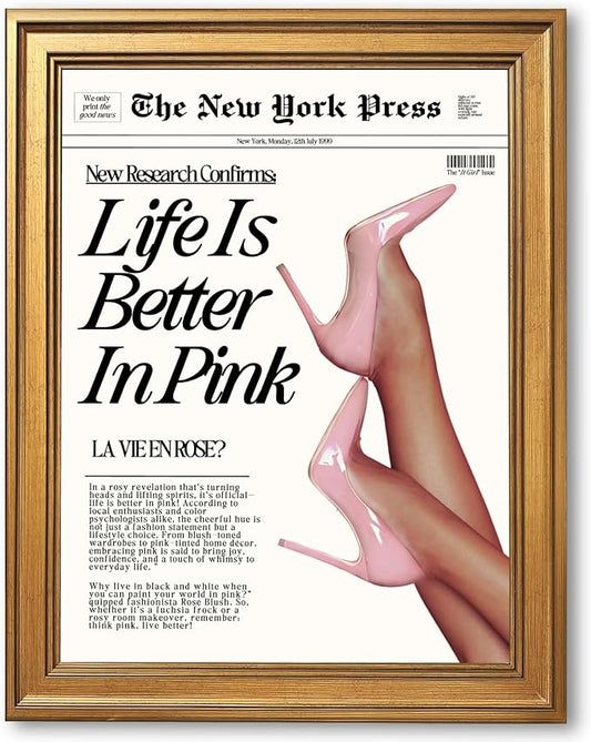Trendy Baby Pink Hot Girl Poster Life Is Better In Pink Newspaper Wall Art Retro High Heel Picture 70s News Headline Canvas Prints Aesthetic Decor for Girly Bedroom Dorm 12x16inch Vintage Framed