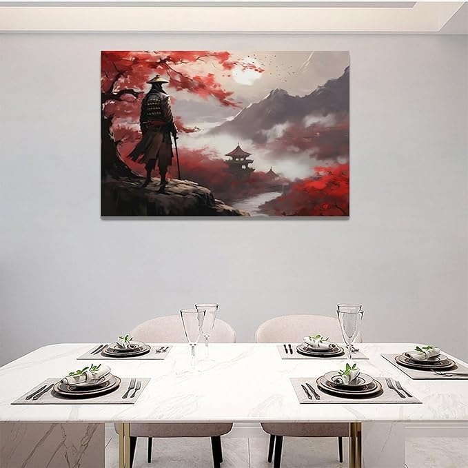 yerretin Japanese Bushido Wall Art Samurai Pictures Wall Decor Ancient Japan Warrior Canvas Landscape Painting Home Decoration Artwork for Bathroom Bedroom Living Room Office Framed 24"x16"