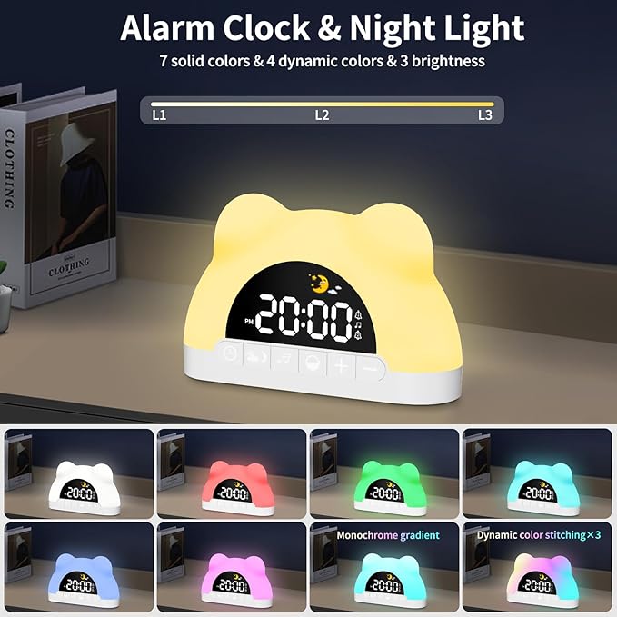 Alarm Clock for Kids, Wake Up Clock with Night Light, Sleep Training Clock for Toddlers,3 Brightness Levels, Dual Alarms, Sound Machine, Digital Clock for Bedroom, Birthday Gifts