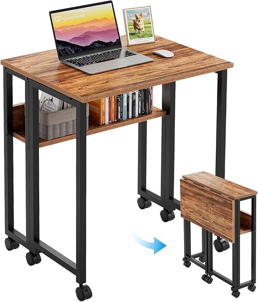 GreenForest Folding Desk Small Rolling Desk with Storage Shelf, 24.8 inch Foldable Computer Desk with Wheels for Small Space, Easy Assembly,Walnut