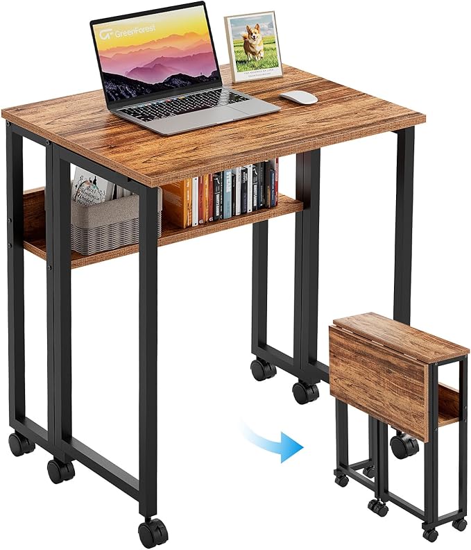 GreenForest Folding Desk Small Rolling Desk with Storage Shelf, 31.5 inch Foldable Computer Desk with Wheels for Small Space, Easy Assembly,Walnut