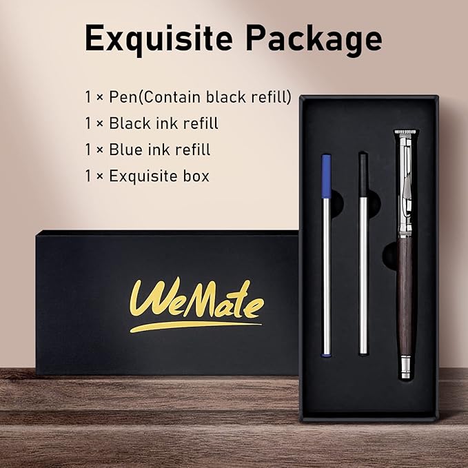 WEMATE Wood Rollerball Pen Set, Extra 2 Ink Refills(1 Black & 1 Blue), Fancy Writing Pen Nice Luxury Office Gift for Men, Professional, Executive, Cool Wooden Pen for Journaling - Blackwood