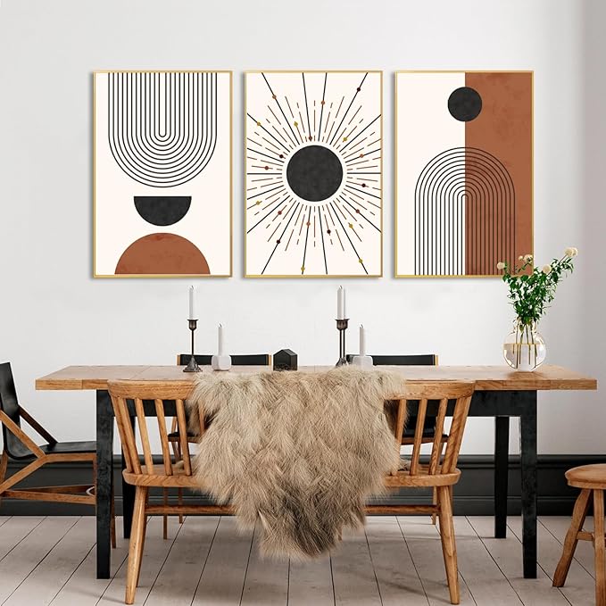 Minimalist Boho Framed Canvas Wall Art Set, Neutral Geometric Line Sun Wall Decor, Mid Century Wall Painting, Abstract Modern Bohemian Art Print for Living Room, Bedroom, Office -24"x36"x3