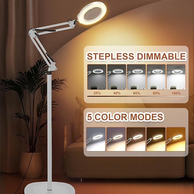 LANCOSC 10X Magnifying Glass with Light and Stand, 3-in-1 Adjustable Swing Floor Lamp, 5 Color Modes Stepless Dimmable, LED Lighted Hands Free Magnifier & Clamp for Reading, Crafts, Painting - White