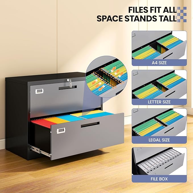 2 Drawer Locking Lateral File Cabinet, Wide&Deep Metal Filing Cabinet for Letter/Legal/A4/F4 Files, Includes Card Holder and Hanging Folders for Home Office, School, Business