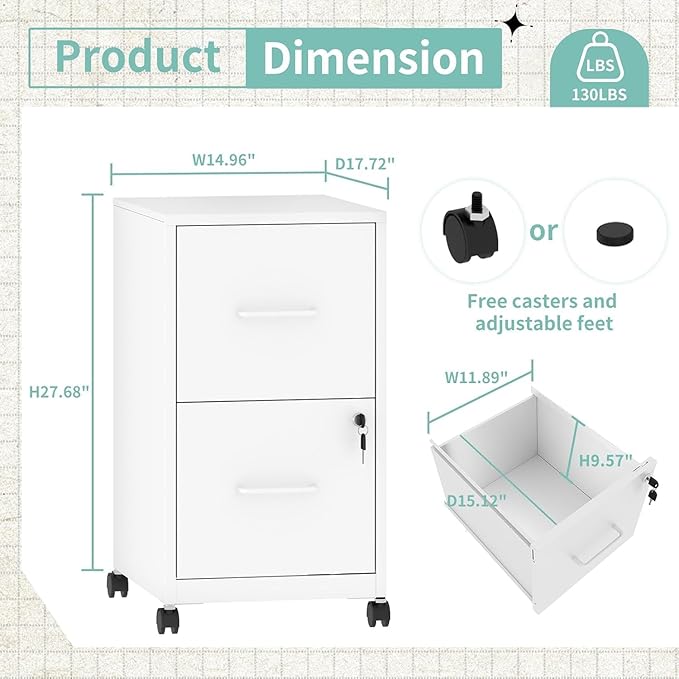 2 Drawer File Cabinet with Wheels, Metal Mobile Filing Cabinets with Lock, Vertical File Cabinet for Home Office, Rolling Storage Cabinet for A4/Letter/Legal Size File, Assembly Required, White