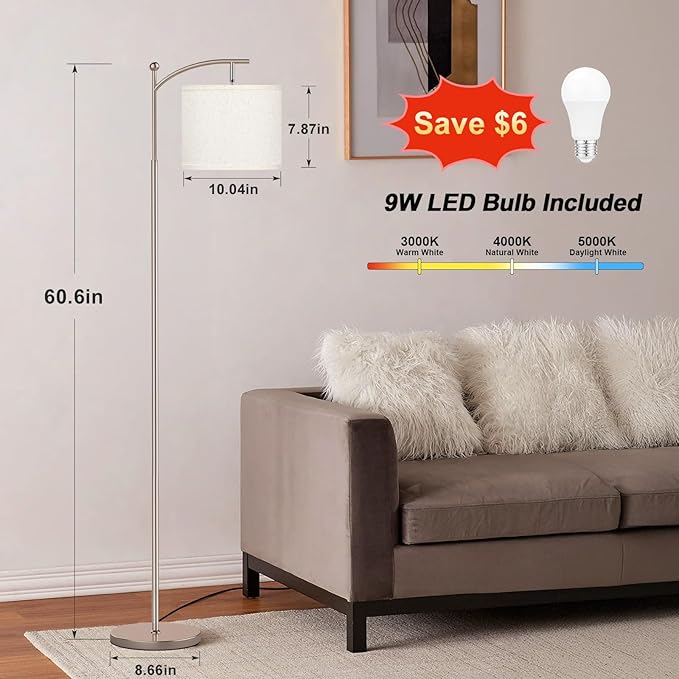 Ambimall 60" Floor Lamps for Living Room with 3 Color Temperatures, Adjustable Beige Shade with Light Gold Pole, Tall Lamps for Living Room Bedroom Office Classroom Dorm Room, 9W Bulb Included