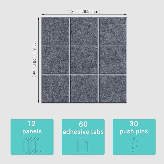 Large Cork Board, 12 Pack Felt Wall Tiles with Safe Removable Adhesive, Bulletin Board for Office, Pin Tack Corkboard for Quilting Design & Dart Wall Protector 48" x 36" - Drak Grey