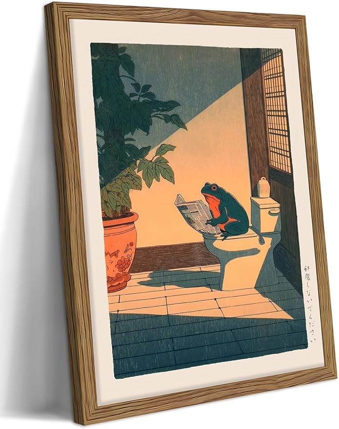 Funny Frog Bathroom Decor Wall Art, Cute Japanese Animal Canvas Wall Decor Painting, Whimsical Frog on Toilet Reading Newspaper Artwork Poster Prints Pictures for Bathroom Restroom 16x24 Inch
