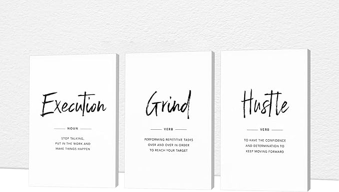 Office Wall Art - 3 Panel Motivational Wall Art, Inspirational Quotes Canvas Art for Home Office Wall Decor, Positive Quotes Wall Decor, Entrepreneur Grind Hustle Execution Poster Frame (12”x18”x3Pcs)