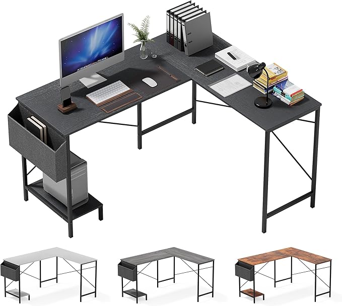 L Shaped Desk - 50" Reversible Home Office Computer Desk, Wood Top, Metal Frame, Side Bag, Sturdy Gaming Desk Corner Table for Work, Writing and Study, Space-Saving