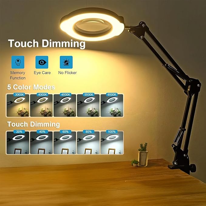 15X Magnifying Glass Desk Lamp with Clamp and Base, 5 Color Modes 10 Levels Adjustable Brightness, 15X Magnifying Glass, 4.2" Reading Magnifier for Seniors Book Newspaper Reading, Crafting, Seniors
