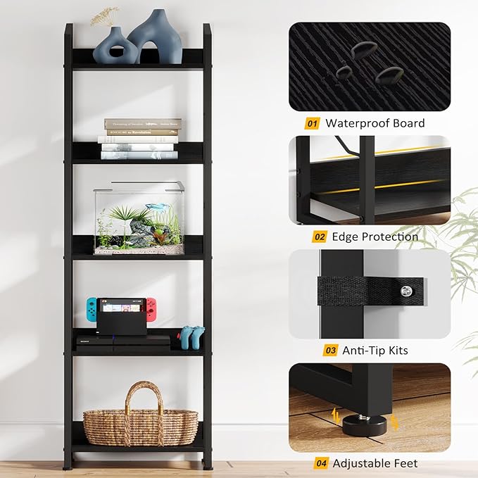 Hosfais 5 Tier Tall Bookshelf: Industrial Wood Book Shelf with Edge Protection Metal Narrow Bookshelf Bookcase Storage Organizer Display Rack for Living Room Home Office (Black)