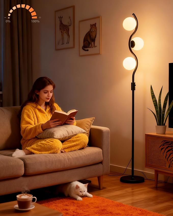 Lightdot 60IN 3-Globe Dimmable Black Floor Lamp Mid Century Standing Lamps with 3Pcs 3000K Warm White Bulbs Included Brightness Adjustable Modern Tall Lamp for Bedroom/Sofa Beside/Corner Decor
