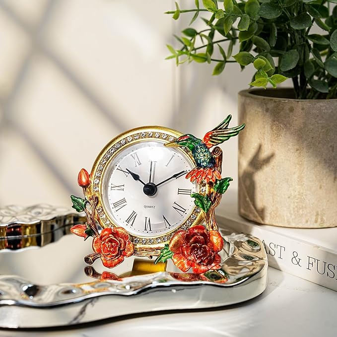 Mini Tabletop Clock, Decorative Vintage Floral Metal Table Clock with Battery Operated for Bedside, Table, Living Room, Home and Office