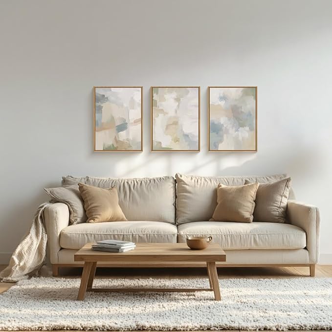 Abstract Gray Pastel Framed Canvas Wall Art Set,Neutral Watercolor Brush Stroke Wall Decor,Modern Minimalist Beige Illustration Artwork for Living Room,Bedroom,Dining Room -12"x16"x3