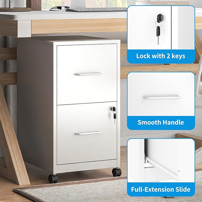 2 Drawer Mobile File Cabinet with Lock and Wheels, Small Vertical Under Desk Steel Rolling Storage Cabinet for Home Office Legal/Letter/A4 Files, Assembly Required (White)