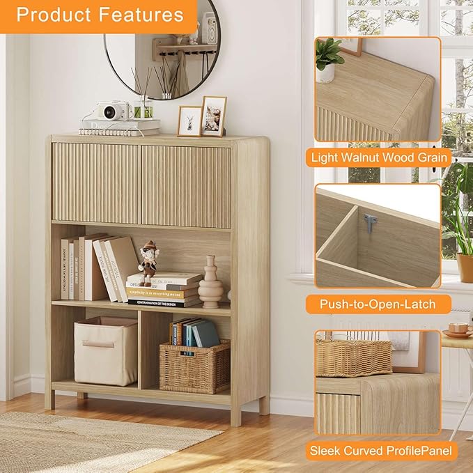 FATORRI Cube Bookshelf with 2 Doors, Wood Bookcase with Storage, Modern 5 Cubby Book Shelf for Home Office Living Room (Light Walnut)