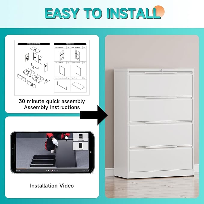 4 Drawer Lateral File Cabinet with Lock, Heavy-Duty Metal Filing Cabinet for Home Office, Steel Storage Compatible with Hanging Files Letter/Legal/F4/A4 Sizes (4 Drawer, White)