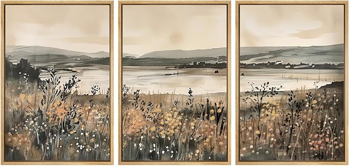 SIGNWIN Framed Canvas Print Wall Art Set Lakeside Meadow Rustic Countryside Watercolor Illustrations Modern Art Decorative for Living Room, Bedroom, Office - 16"x24"x3 Natural