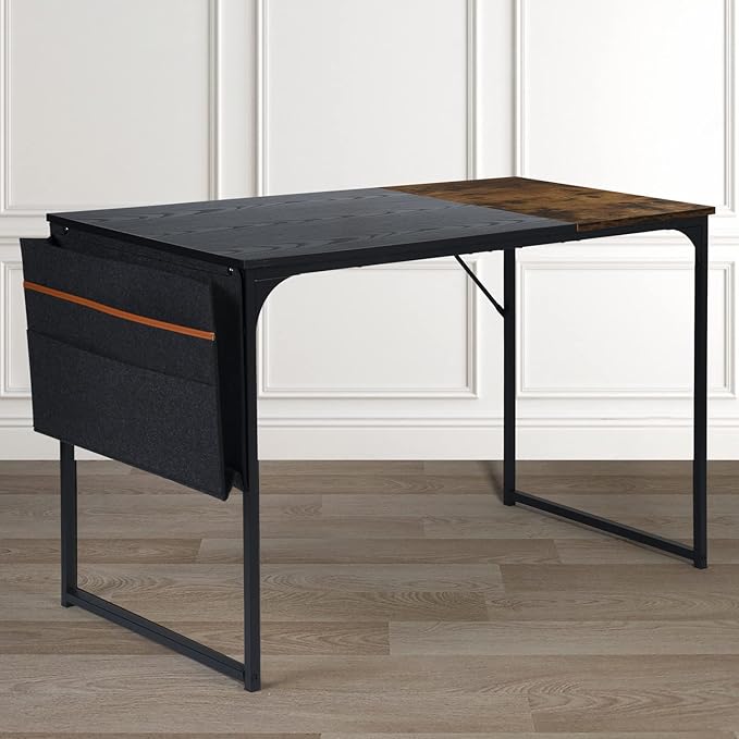 Homy Casa Inc Computer Desk 47 inch Study Writing Table with A Storage Bag Space Saving for Home Office, Modern Simple Style PC Desk, Black Metal Frame, Black & Brown Table Top