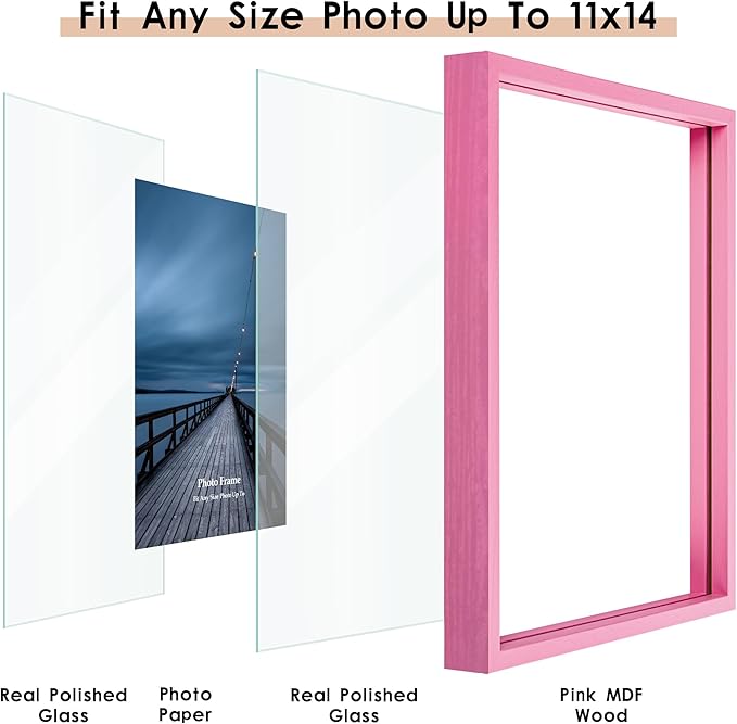 MUYE 11x14 Floating Frame Set of 2,Double Real Glass Photo Frame,Display Any Size Photo up to 11x14,Wall Mount or Tabletop Standing,Pink