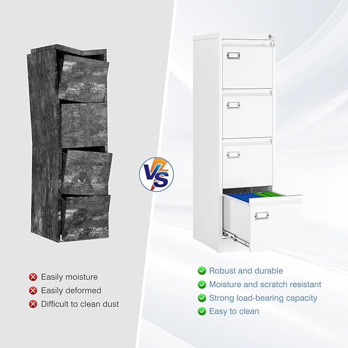 Yizosh 4 Drawer White File Cabinet with Lock, Filing Cabinets for Home Office, Metal Locking Office File Storage Cabinets with Drawers, Vertical Small Filing Cabinet Organizer for Legal/A4
