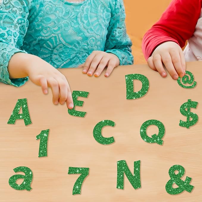 Colarr 216 Pcs Glitter Bulletin Board Letters for Classroom Number Alphabet Punctuation Symbol Cutout 4'' Die-Cut Poster Letter with Adhesive Dot School Party Holiday Decor Display(Green)