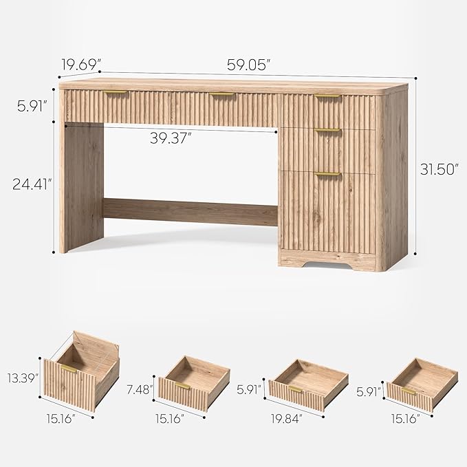 59" Fluted Executive Desk with Adjustable File Drawer, Workstation Computer Desk with 4 Storage Drawers, for Home Office