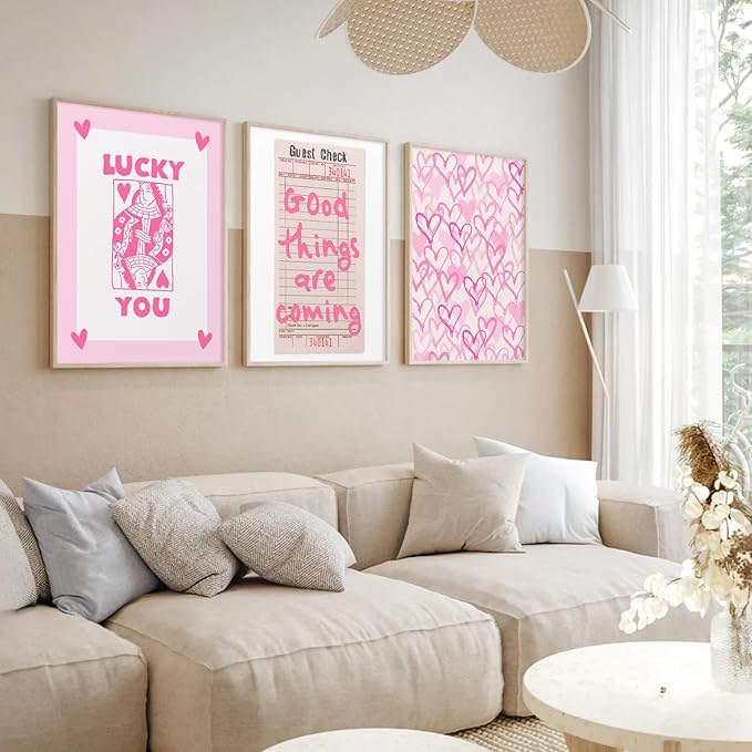 Youillne Lucky You Pink Wall Art Guest Check Preppy Wall Decor Trendy Aesthetic Canvas Wall Art Funky Poster Cute Picture Prints Inspirational Artwork for Room Bedroom 12x16 Inch Unframed Set of 3