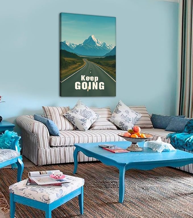 Keep Going Inspirational Wall Art - Motivational Mountain Road Canvas Print Encouraging Quote Picture Inspiring Wall Decor Modern Landscape Artwork for Living Room Home Office, Framed 28x44 in
