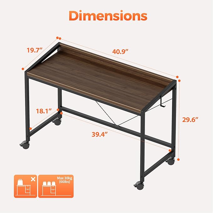 Mericonia 40 inch Rolling Computer Desk with Wheels, Gaming Desk for Small Spaces, Modern Simple Style Table for Home Office, Study Writing Table