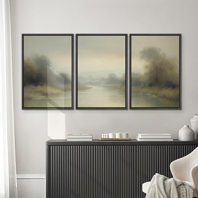 SIGNWIN Framed Wall Art Print Set Misty River Landscape Soft Neutral Nature Scene Photography Modern Art Closeup Relax/Calm Dark for Living Room, Bedroom, Office - 24"x36"x3 Black