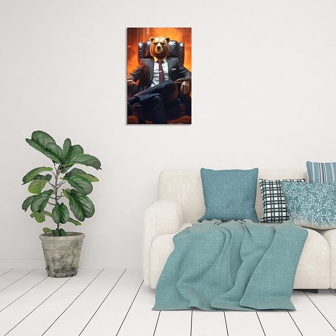 Trendy Suit Animal Bear Portrait Wall Art Funny Boss Bear Canvas Posters Work Struggle Motivation Inspiring Prints Painting For Office Living Room Wall Decor 12x16in Framed
