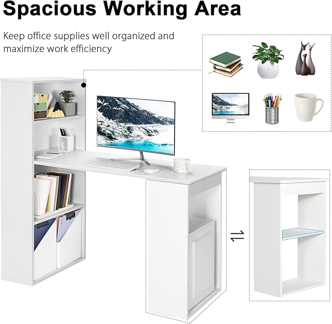 Tangkula White Computer Desk with Bookshelf, Writing Study Desk with Storage Shelves & CPU Stand, Modern Compact Computer Workstation for Home & Office, Space-Saving Design
