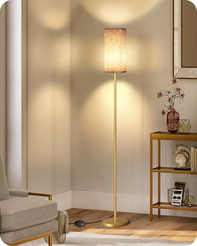 64.2” Dimmable Floor Lamp for Living Room with Remote and Foot Switch, Corner Floor Lamp for Bedroom, Includes 10W A19 Bulb, Modern Standing Tall Lamp, ETL Listed, Beige and Gold DE17LD05