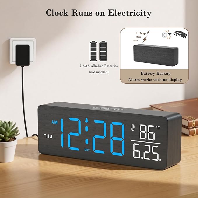 DreamSky Wooden Digital Alarm Clocks for Bedrooms – Large Display Desk Clock with Date & Day of Week for Living Room, Temperature, Dimmer, Adjustable Volume, Auto DST, Office Wood Décor (Plug-in)