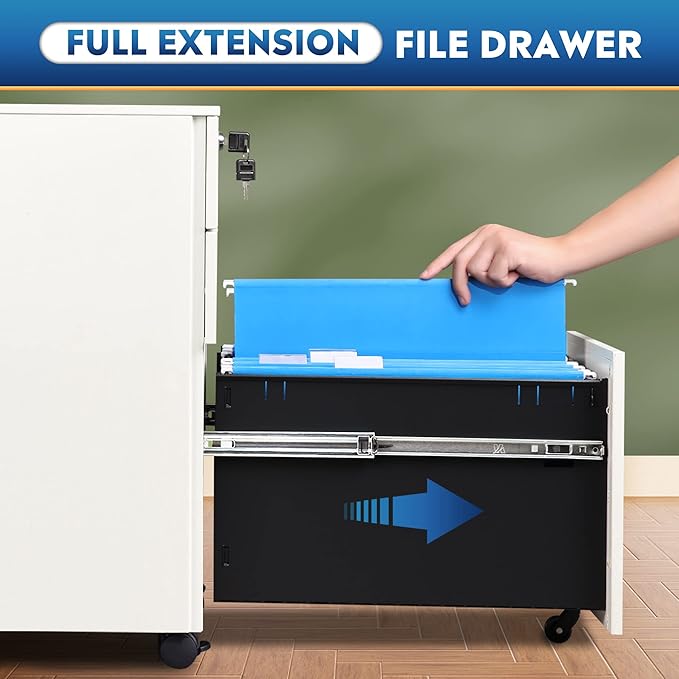 DEVAISE 3 Drawer Locking File Cabinet, Under Desk Metal Filing Cabinet for Legal/Letter/A4 File, Fully Assembled Except Wheels, White