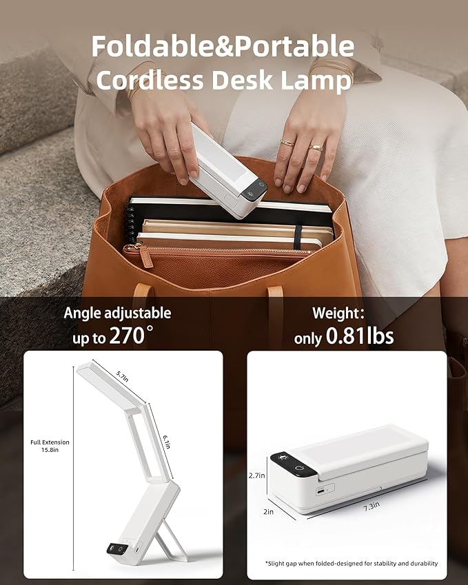 EZVALO Rechargeable Desk Lamp, 6000mAh Battery Wireless Light, Cordless Table Lamp for Book Reading, Foldable Mini Lamps & Portable, 3 Color Dimmable Small Light for Bed, Nail Light, Craft, White