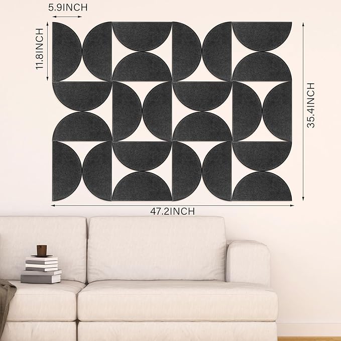 24 Pack Decorative Bulletin Board Felt Wall Tiles Bulk 11.8"x5.9" Semi-Circle Large Wall Art with Removable Adhesive Tabs for Customizable DIY Home Office Decoration Gift (Black)