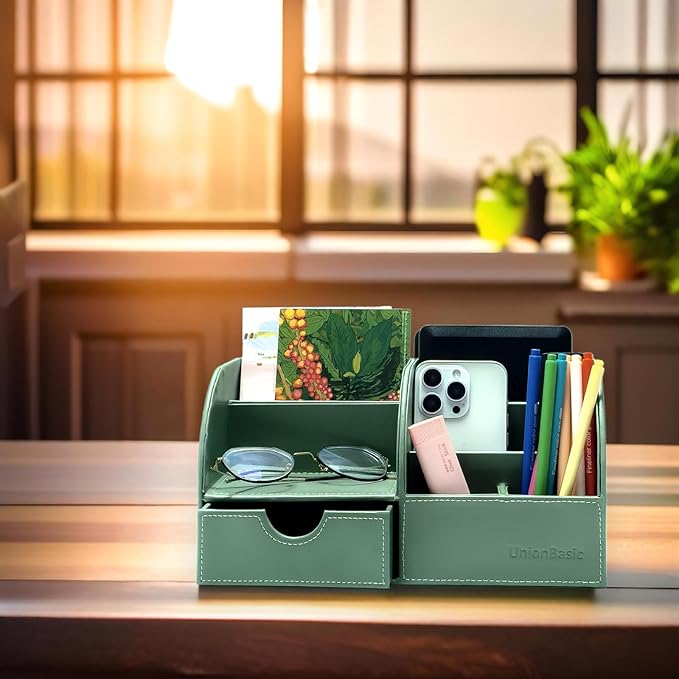 UnionBasic Desk Organizer - Multifunctional Leather Desktop Pen Holder Storage Box - Business Card/Pen/Pencil/Mobile Phone/Stationery Holder, Malachite Green